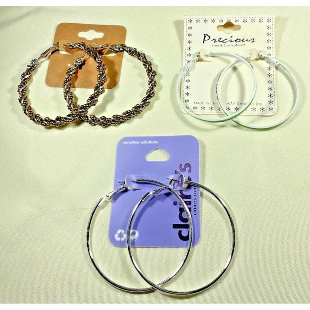 New Set of 3 Large Hoop Pierced Earrings 3 Different Styles 2" Wide Multicolor